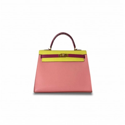 HERMÈS MASTER KELLY EPSOM 32 CHERRY PINK ROSE PURPLE LEMON GOLD BUCKLE (32*23*10.5cm) 
